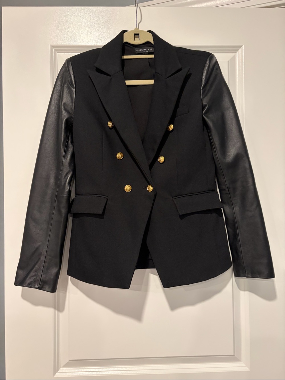 Generation Love Double-Breasted Black Blazer with Faux Leather Sleeves